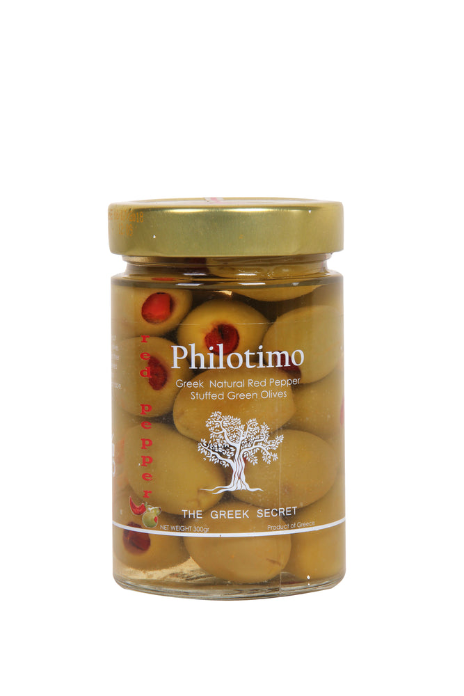 Philotimo Natural Red Pepper Stuffed Green Chalkidiki Olives 300g